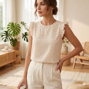 LOFT Ann Taylor Blouse Women’s Large Cream Ruffle Coquette Boho Sleeveless Top